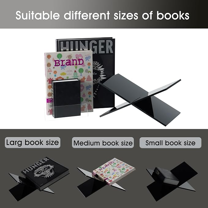 Large Clear Acrylic Book Stand - Perfect for Displaying Open Books on Your Coffee Table - Ideal for Bibles, Cookbooks, Magazines, Each with a Lucite Paperweight (Black-Large)
