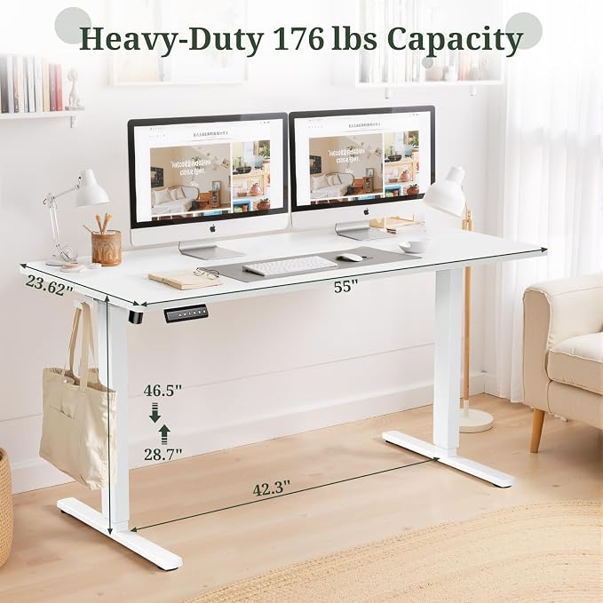 55 x 24 in Electric Standing Desk - Memory Height Adjustable | Ergonomic Sit-to-Stand Rising Computer Table Gaming Workstations with 2 Hooks and Wire Hole for Home Office, White