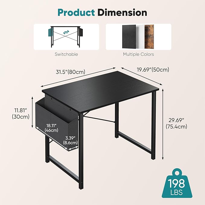 OLIXIS Small Computer Desk, 31 Inch Gaming Desks for Home Office | Writing Study Craft Work Table, Computer Workstation for Bedroom Small Spaces with Storage Bag, Black
