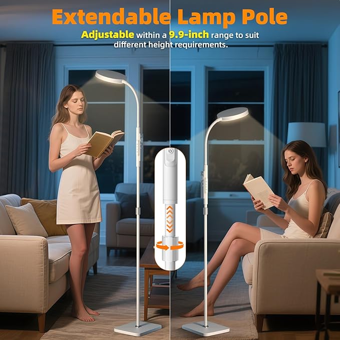 PACOVY Floor Lamp, Adjustable Height Floor Lamps for Living Room Bedroom, 252 LED Super Bright Standing Lamp Remote Control, Dimmable Gooseneck Tall Stand Reading Lamp Light for Office Craft, White