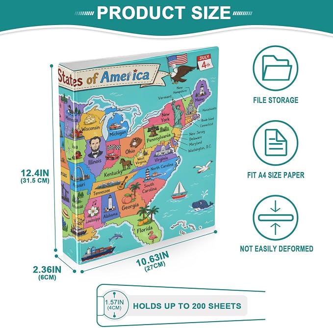 United States Map 3 Ring Binder with 2 Interior Pockets 1.5 inch Binders 3 Ring Heavy Duty Fit 8.5" x 11" Letter Size for Office School, 2 Pack