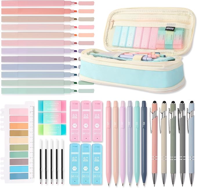 39PCS Aesthetic School Supplies with Cute Pencil Case, 5X Ballpoint Pens with Stylus Tip, 12X Pastel Highlighters, 6X Mechanical Pencil Set 0.5&0.7mm, Suit for Preppy School College Essentials(blue)