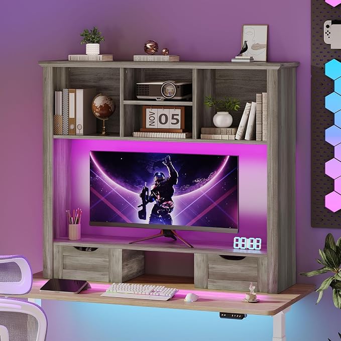 Desk Shelf with Computer Monitor Stand, 37.4''W Desktop Bookshelf | Display Rack, Desktop Organizer Storage Rack with Cubbies & Drawers, 5-Tier Hutch for Home, Office, Dorm, Vanity, Grey