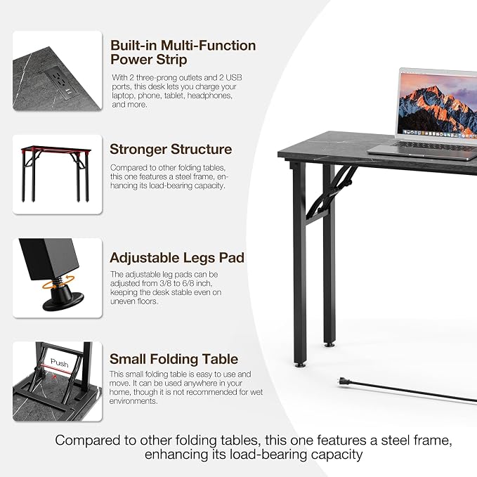 TEMI Small Computer Desk Folding Table - No Assembly, Compact 35.8" Foldable Desk with Power Outlets & USB Charging Port, Portable Small Office Desk, Ideal Mini Study Table, Marble Greige