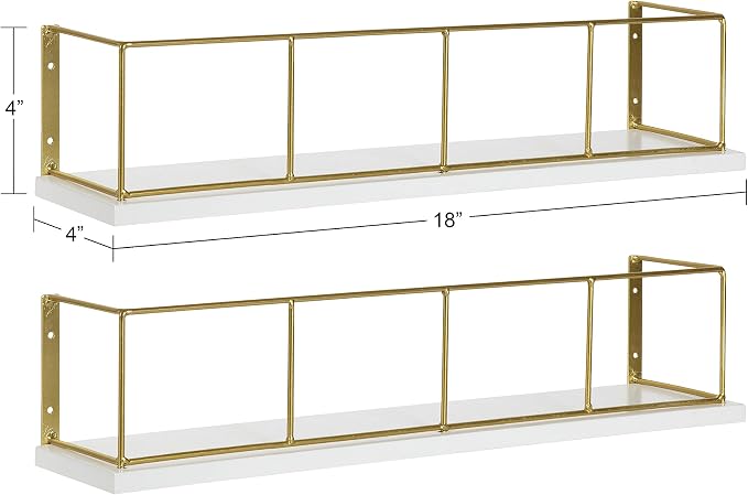 Kate and Laurel Benbrook 18-inch 2-Pack Wood and Metal Floating Wall Shelves, White and Gold