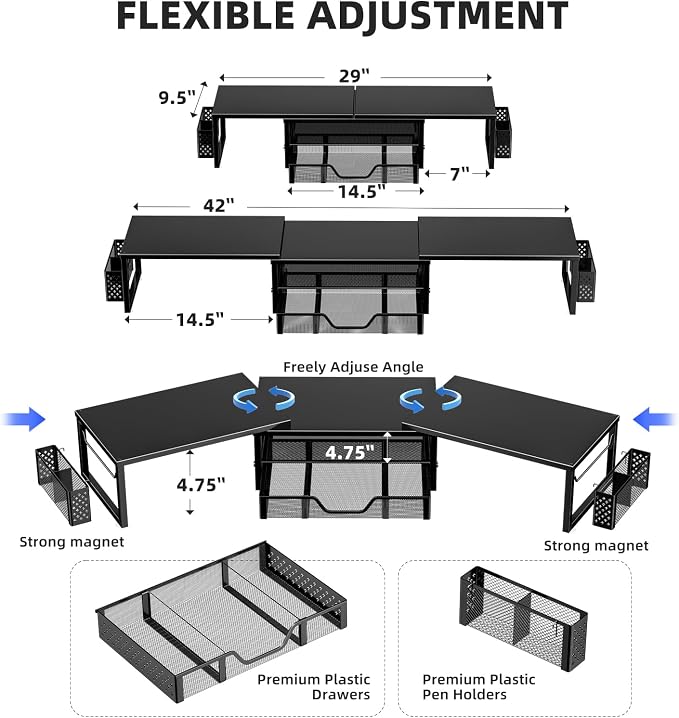 Simple Trending Dual Monitor Stand with Drawer and 2 Pen Holders, Black | 42"L x 9.5"W x 4.75"H. Sturdy metal. Fits 2 monitors. Reduces neck strain. Drawer + 2 pen holders. Easy assembly. 24h support