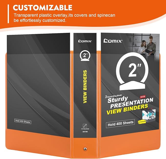 COMIX Sturdy 2 Inch 3 Ring Binder with Clear View Cover | 2"Heavy Duty Round Ring,PVC-Free Board,Holds 450 Letter Sheets,Wholesale for Offices & Classrooms,6 Pack (Orange)