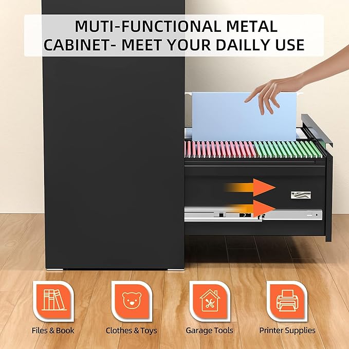 INTERGREAT Lateral File Cabinet 2 Drawer, Black Metal File Cabinets for Home Office, Locking File Cabinet for Letter/Legal/F4/A4 Size Hanging Files, Easy Assembly