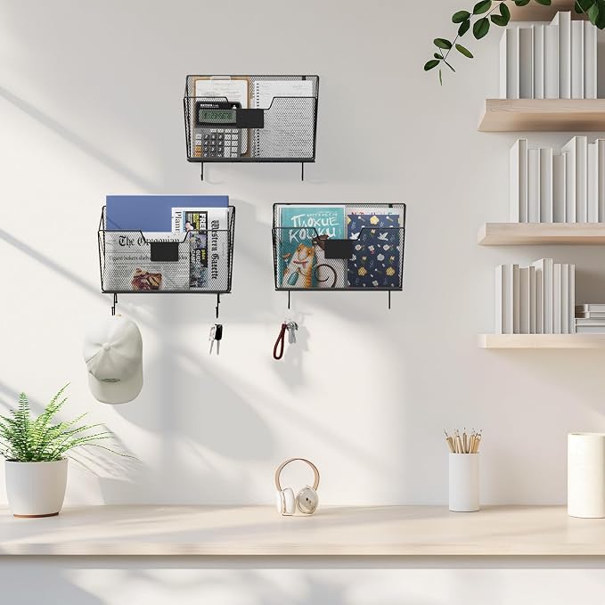 OYEAL Hanging Wall File Organizer, Mesh File Folder Holder for Home Offic | Mail Paper Orgnization, Hanging Wall Mounted Mail Organizer with Label Slots & Hooks, Magazine Rack, Vertical File Storage