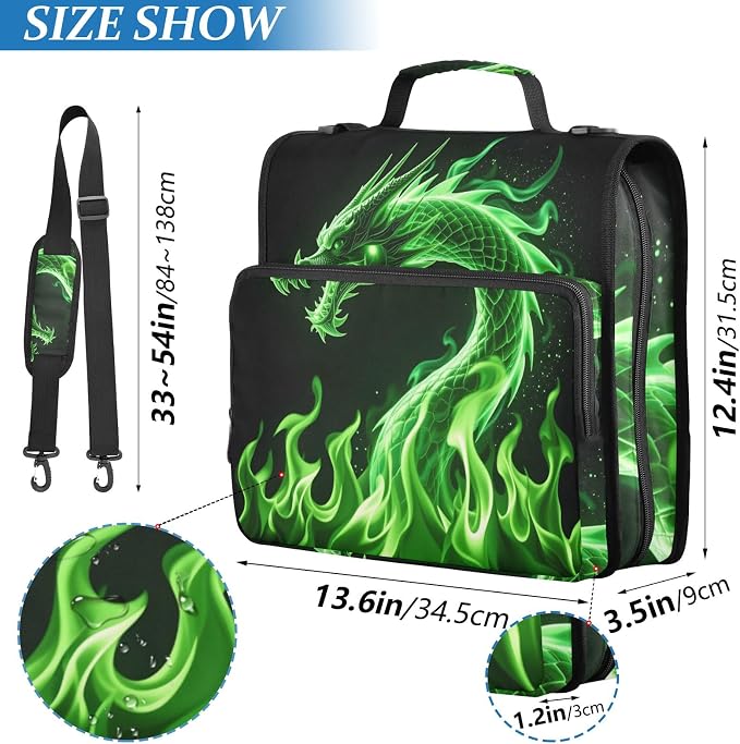 Green Dargon 3 Ring Zipper Binder Bag Binder Organizer with Handle Shoulder Strap for School Work Office Supplies
