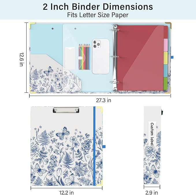 3 Ring Binder 2 Inch for Letter Size 8.5" x 11" Paper, Clipboard Binder with 5 Tabbed Dividers with Pockets, Plastic Folder and 40 Divider Stickers, School and Office Supplies, Vintage Blue Butterfly