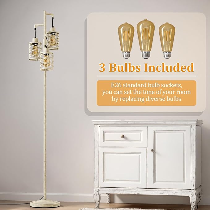 70" Industrial Floor Lamp, Stepless Dimmable Standing Lamp with 3 Bulbs, Farmhouse Corner Standing Tree Lamp for Living Room, Tall Lamps for Bedroom, Office, Dining Room, Antique Beige White