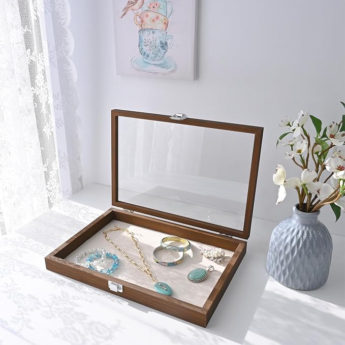 MOOCA Jewelry Display Case, Display Case Accessories Storage Box with Tempered Glass Hinge Lid, Jewelry Tray for Collectibles, Walnut Color, 14.1W x 10.2D x 2.1H in