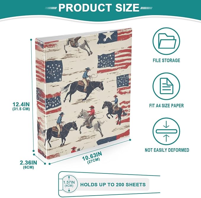 American Rodeo Cowboys Decorative 3 Ring Binder 1.5 Inch Large View Binders with Pockets Holds 200 Sheets File Organizer for Office College School, 2 Pack