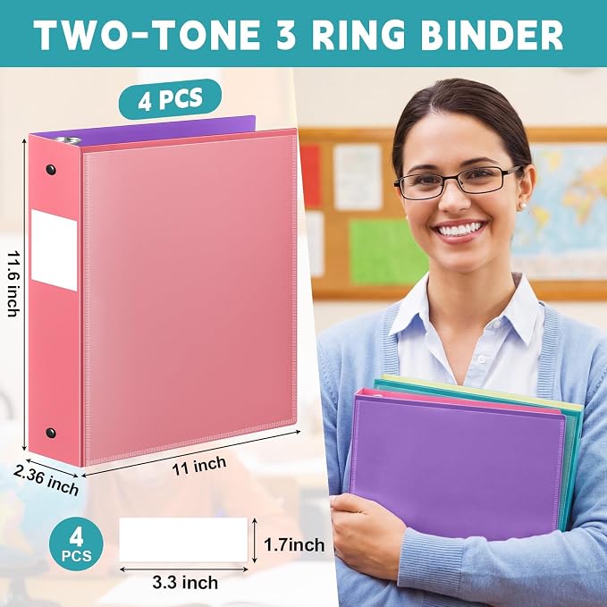 Henoyso 4 Pack Two-Tone Durable 3 Ring Binders 2 Inch, Clear Cover with Front & 4 Inner Pockets, Colored Plastic Flexible Binders with Large Capacity for School & Office