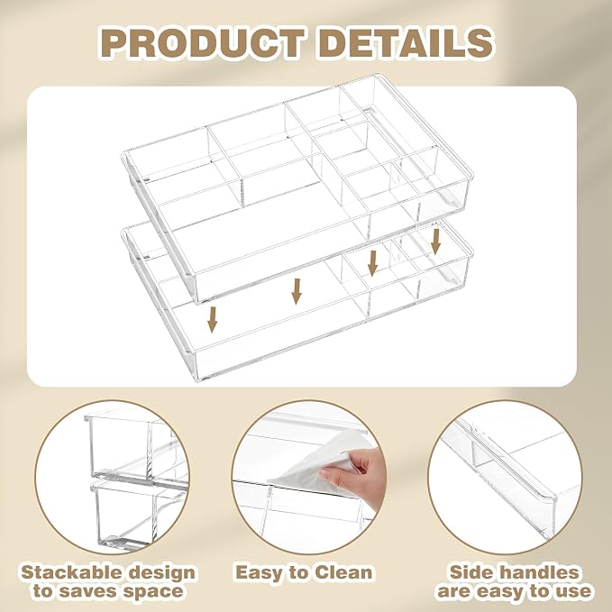 Briwooody 3 Pcs Clear Acrylic Desk Drawer Organizer 13.7 x 8.7 x 2 Inch Drawer Organizer Trays with 8 Compartments Desk Accessories for Office Makeup Silverware Bathroom