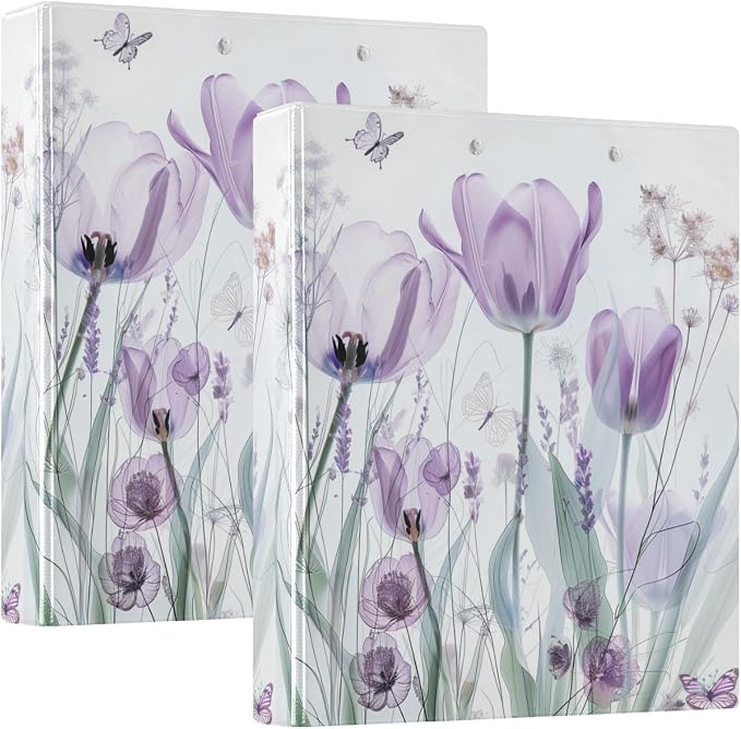 3 Ring Binder, Purple Tulips Flowers Pastel File Folder Holds 200 Sheets File Storage for Women Men School Office Supplie