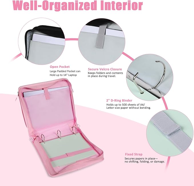 2 Inch 3 Ring Zipper Binder with 500 Sheet Capacity, 6 Tab Expanding File Folder, Multi-Pocket Design, Shoulder Strap and Handle for Middle School and Office (Pink)