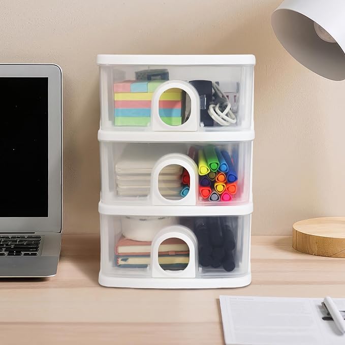 3-Drawer Clear Plastic Desk Organizer Small Stacking Storage Drawer | Organize Office Supplies, Stationery, Makeup, Craft materials, Accessories for Neat Desktop Storage (White)