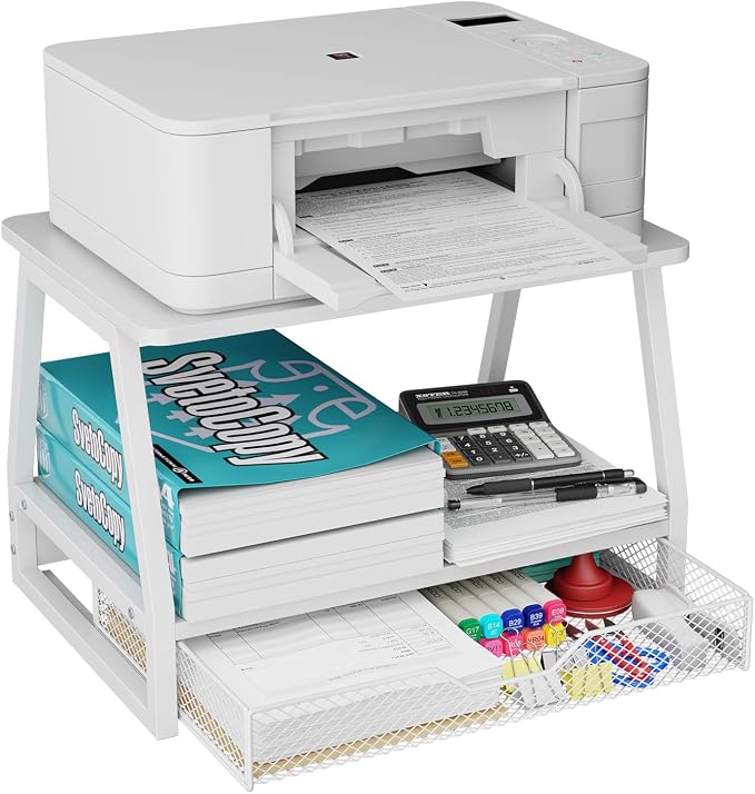 2-Tier Printer Stand with Storage, Desktop Organizer with Drawers for Printer Paper, Desk Shelf for Office and Home Printers‌ Tables, White