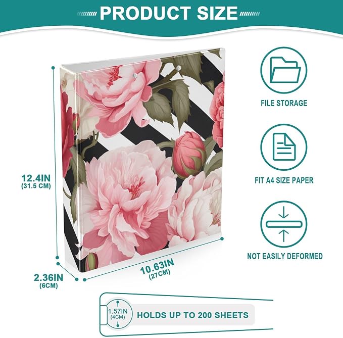 SPRIPORT Black White Striped Rose Peony 1.5 Inch 3 Ring Binder Holds 200 Sheets for Office Supplies Durable PVC Round Ring Binder with Interior Clear Pockets Binder Notebook for Home Work Woman Man