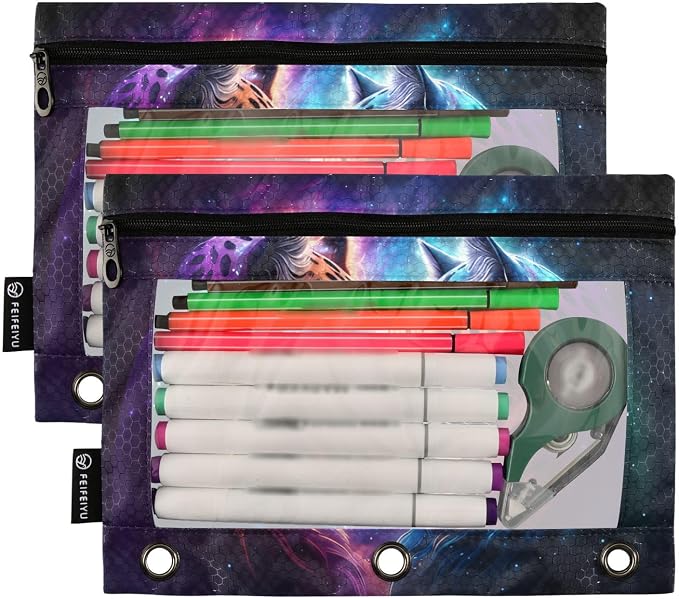 Cheetah Tiger Galaxy Pencil Pouch for 3 Ring Binder, 2 Pack Waterproof Pencil Bags Clear Window Pencil Case Zipper School Office Supplies