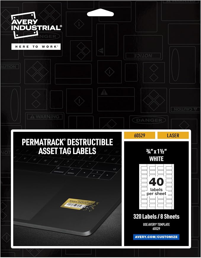Avery® White Asset Tag Labels, 3/4" x 1-1/2", Destructible Laser Printable Tags, 329 Waterproof Labels (60529)