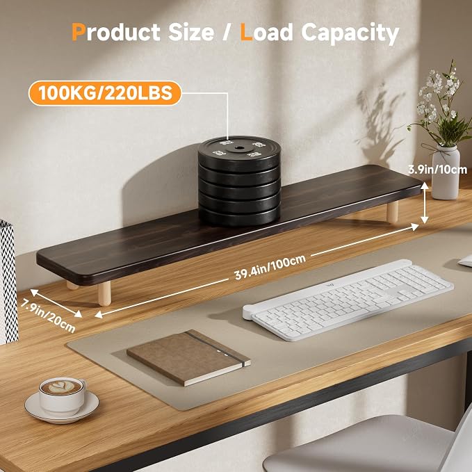 Dual Monitor Stand Riser, 39 Inch Extra Long Wooden Desktop Monitor Riser with Storage for 2 Monitors Ultra Strong Desk Shelf Organizer Riser Ergonomic for 2 Screens/Laptop/PC/TV/Printer (Dark Walnut, 39inches)