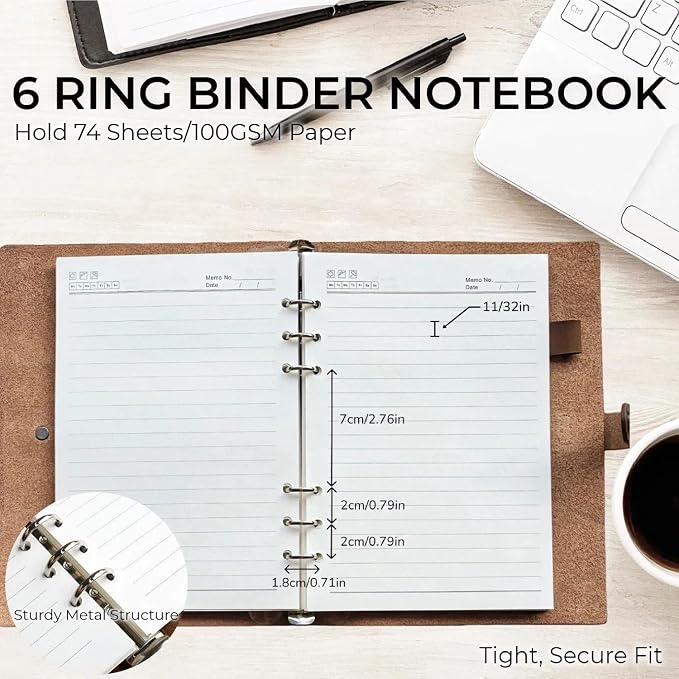 Refillable A5 Leather Binder Journal Soft Cover Notebook, Vintage Crinkled Leather Organizer with 6 Ring Binder, 148 Lined Loose Leaf Pages, Pen Holder, Pocket & Card Slots, for Work Study Daily, Brown