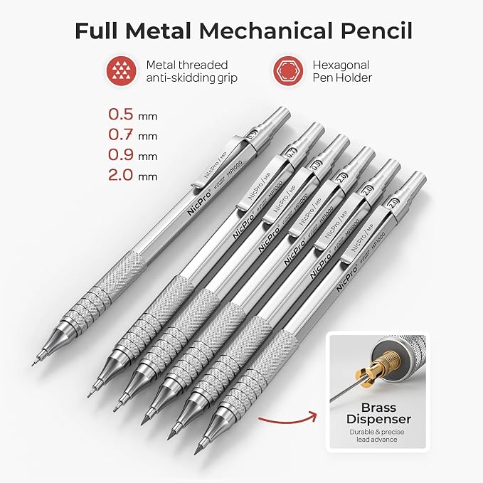 Nicpro 30PCS Silver Metal Mechanical Pencils Set in Leather Case