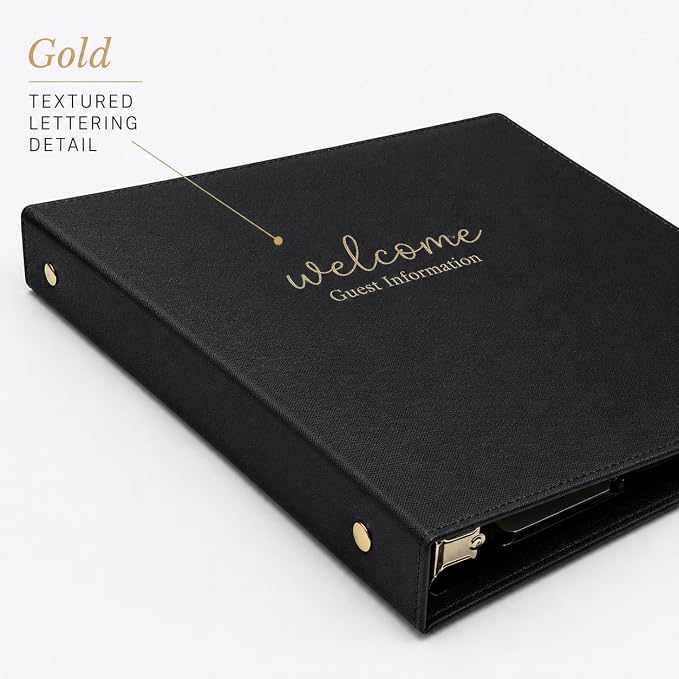Paper 'n Such Welcome Binder for Short Term Rentals – Black Faux Leather 3 Ring Folder for Airbnb, Vacation Home, House Manual & Guest Information - Letter Size