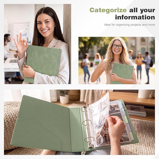 Ospelelf Vintage Hardcover 3 Ring 2 inch Leather Binder, Professional Binders Organizer Suitable for Letter Size, Binder Dividers with Tabs, Light Green