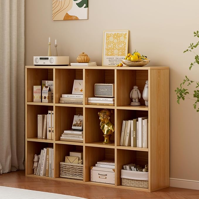 12-Cube Storage Shelf Bookcase, Oak | Wooden 3-Tier Open Bookshelf, Fits 11×11" Bins, Vertical or Horizontal Use, Full Back Panels, For Home Office