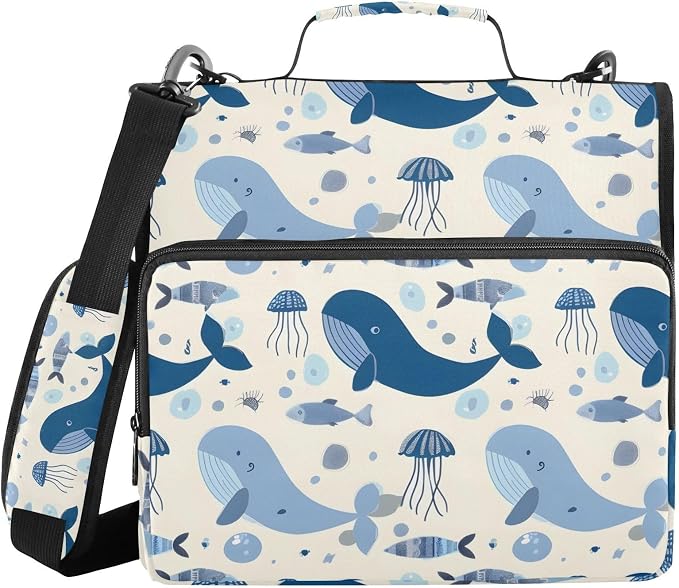 3 Ring Zipper Binder with Shoulder Strap Whales Jellyfish Blue Ocean 2 Inch Zippered Binder Bag 500 Sheet Capacity Multi Pockets for School Supplies