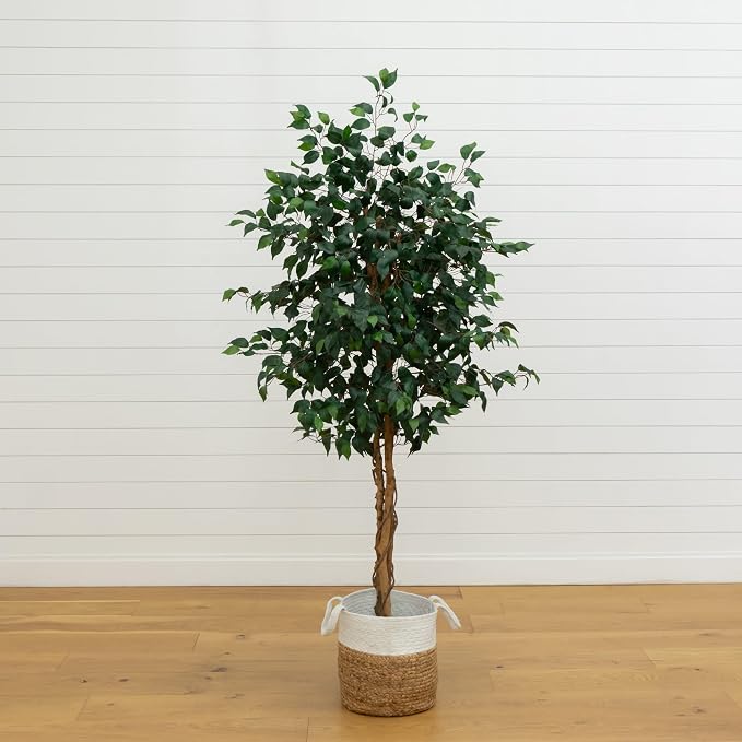 Nearly Natural 6 ft. Triple Trunk Ficus Artificial Tree with Jute Pot | Lifelike Green Foliage, Woven Cotton Basket, Maintenance-Free, Great for Entryways or Offices