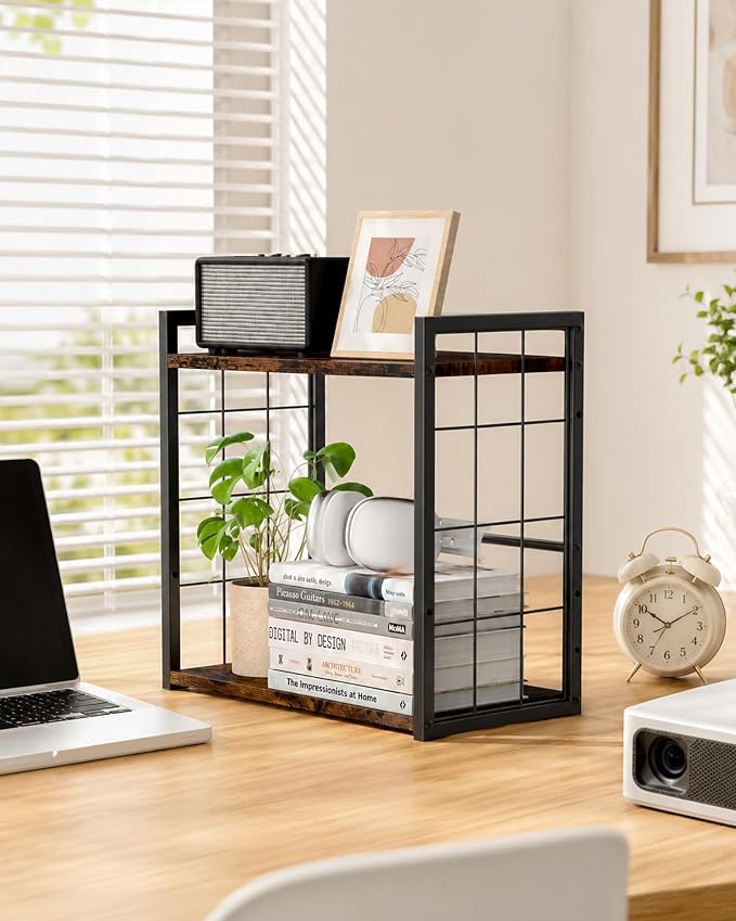 2-Tier Desktop Bookshelf, Desk Shelf Organizer, Rustic Brown | Adjustable Height & 3 Assembly Options, 4 Removable Hooks Provide Extra Storage for Supplies, Books & Home Decor