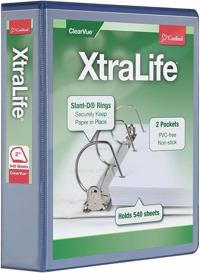 Cardinal 3 Ring Binder, 2 Inch Heavy Duty XtraLife Binder, Locking Slant-D Rings, Crack-Resistant Cover & Spine, ClearVue Covers, Holds 540 Sheets, Blue (26322)