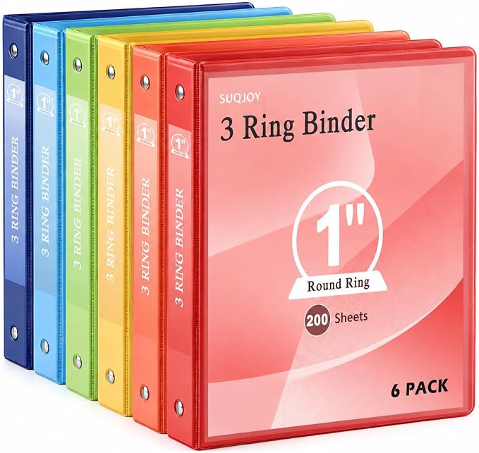 SUQJOY 1-inch 3 Ring Binde with 2 Inside Pockets, 1" Clear View Binder Holds US Letter Size 8.5'' x 11" Paper, 1“ Round Ring Binder for Office/Home/School Supply, 6 Pack (6 Colors Assorted)