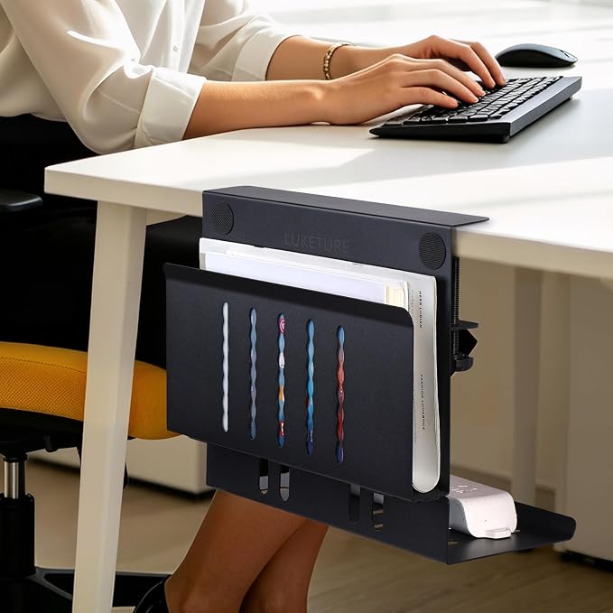 LUKETURE Desk Side Storage, Under Desk Laptop Mount with Cable Tray | 2-in-1 Steel laptop mount clamps to desk side, no drilling. Built-in cable tray hides cords. Holds 30 lbs, Office and Home