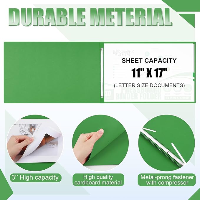 Resurhang 10 Pcs 11x17 Inch Pressboard Report Cover, 3" Capacity Presentation Binder Folder with Metal Prong Paper Fastener to Neatly Bind Reports Proposals Transcripts, Other Documents (Green)
