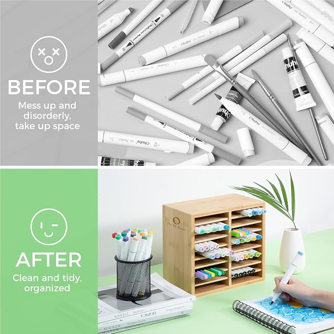 Ohuhu Bamboo Marker Organizer, Wooden Desktop Storage Holds 126 Markers | Markers Pens Pencils Art Brushes Stationary Organizer Pencil Holder with 18 Compartments for Classroom Office Decor Home