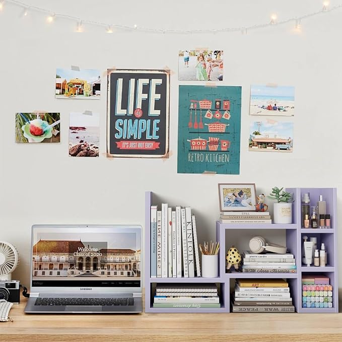 NUTIKAS Desk Shelves Desktop Organizer Shlef - Purple Office Organization for Top of Desk Organizers and Accessories Corner Bookshelf Table Top Shelving Small Hutch Decorations for Women Office