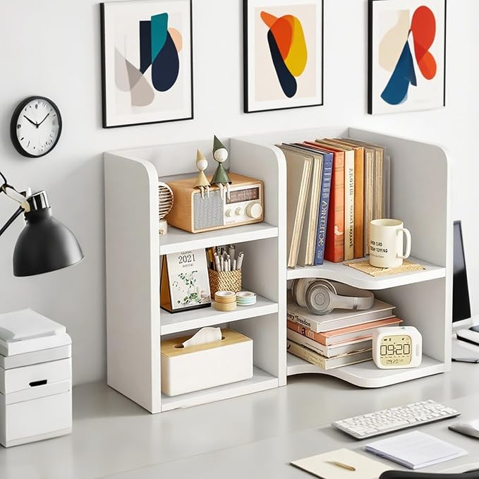 Desk Shelf,Small Bookshelf,Wooden Desk Hutch Desk Organizers,White Desktop Bookshelf and Accessories Storage Display Rack in Home Office Dorm,Freestanding Desk Shelf