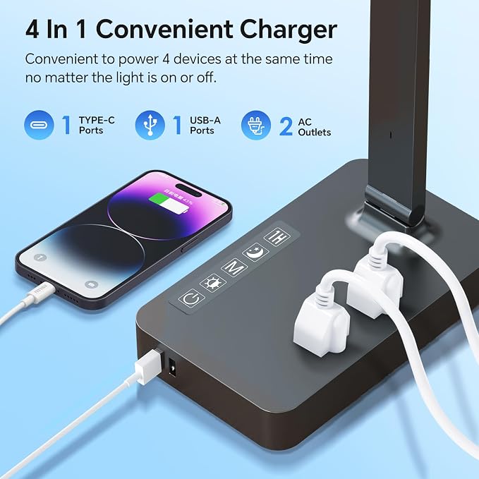 Desk Lamp with USB Charging Port: Power Strip with Surge Protection - 1 Type-C, 1 USB-A Charging Port, 2 AC Power Outlets, Desk Lamps for Home Office College Dorm Room Essentials