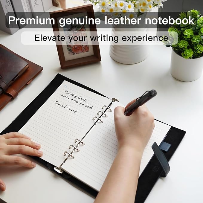 Refillable A5 Leather Binder Notebook, Reusable Leather Journal, Vintage Organizer with 6-Ring Metal Binder, 120 Pages Lined Paper & Pocket, for Writers Business Work Study College and Daily, Blue