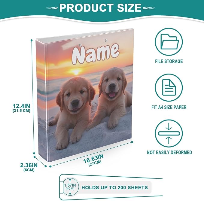Custom 3 Ring Binder Golden Retriever Puppy Dogs 1.5" Round Ring Binders Personalized Name View Binder with 200 Sheet for Kids School Supplies Women Men Office, 1 Pack