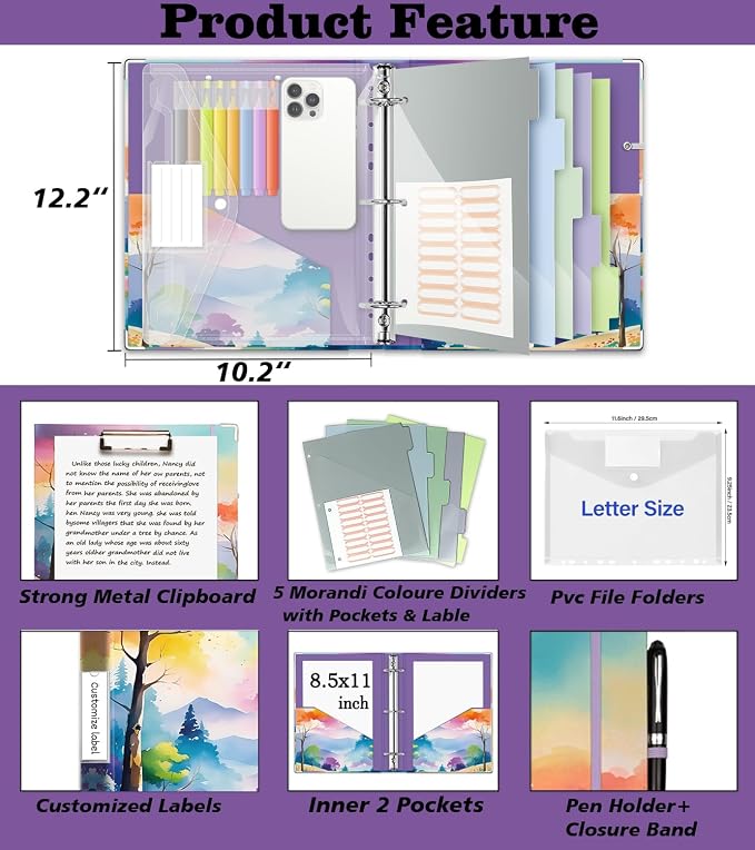 3 Ring 1 Inch Binder Organizer, BVSSX Three Ring Binders with Clipboard, 5-Tabs Pockets Dividers, Plastic Folder, 18 Divider Stikers,Pen Loop (Rainbow Trail, Letter Size)
