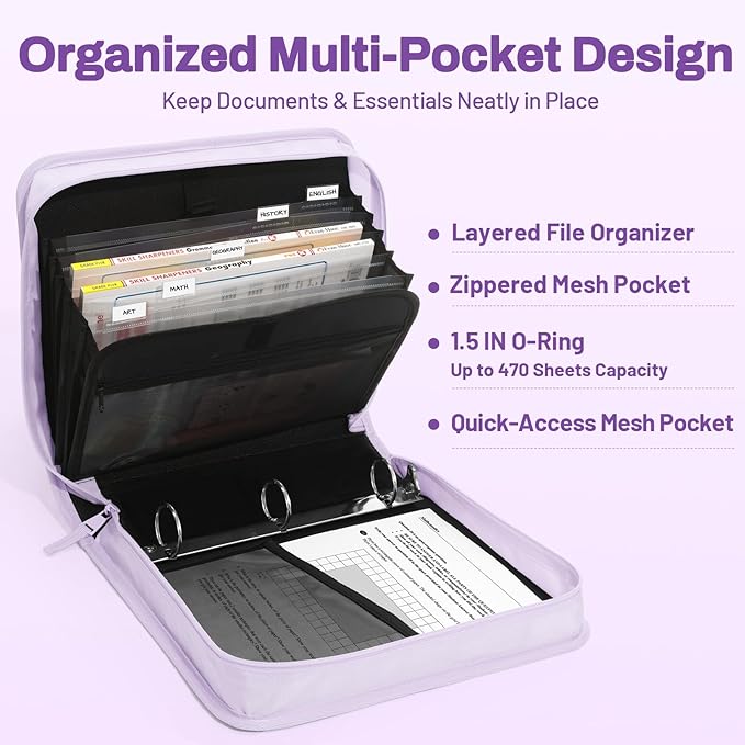 Zipper Binder with Handle, 1.5 Inch O-Ring, 325 Pages Capacity, with 5-Tab Expanding File Folder for Classified Storage, Small Size Lightweight Zipper Bag for Middle School Students, Lavender Purple