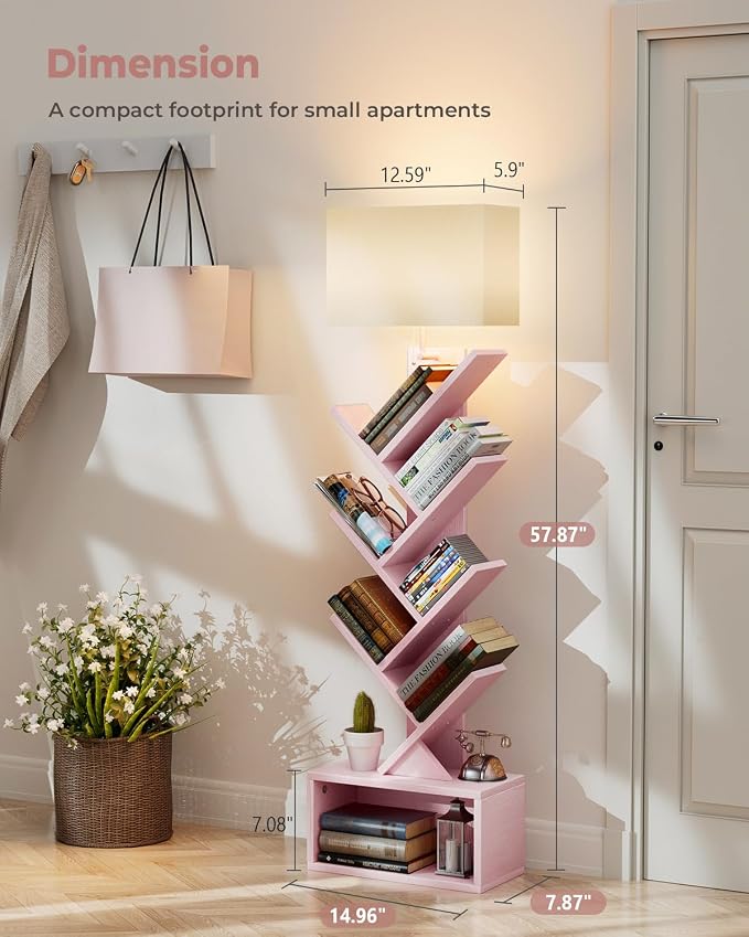 Evermagin 6 Tier Tree Bookshelf with Light, Bookcase, Pink | Narrow Tower Design, Storage Cabinet for Book Organization, Tall Floor Standing Use, Living Room, Bedroom and Home Office