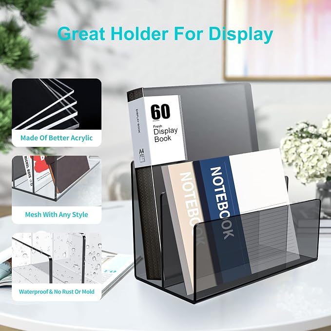 Boloyo Acrylic File Holder,1PC 2 Sections Clear Black File Organizer Mail Letter Sorter Desktop Folder Holder for Home Office School Envelope Bill Filling Paper Document